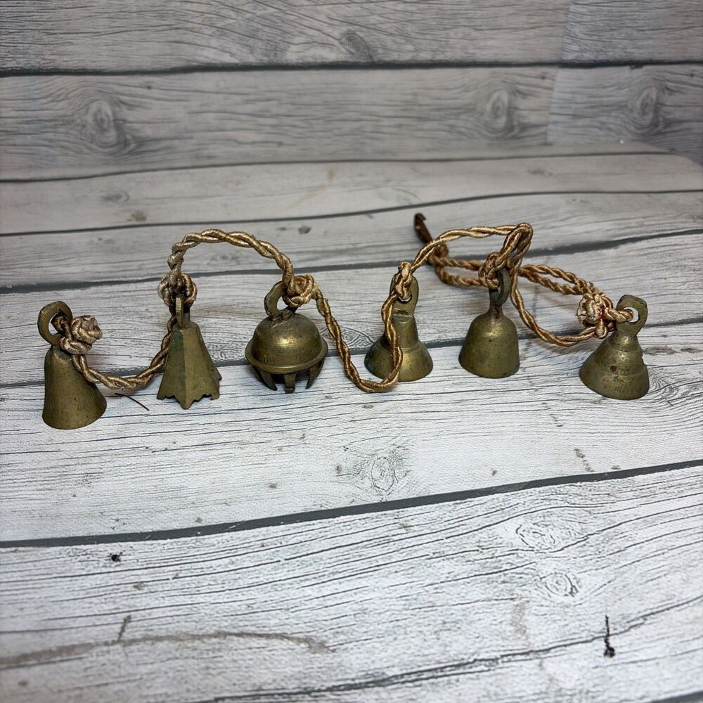 Set of 6 Vintage Sarna Style Indian Brass Bells on Rope Hand Etched Boho Decor
